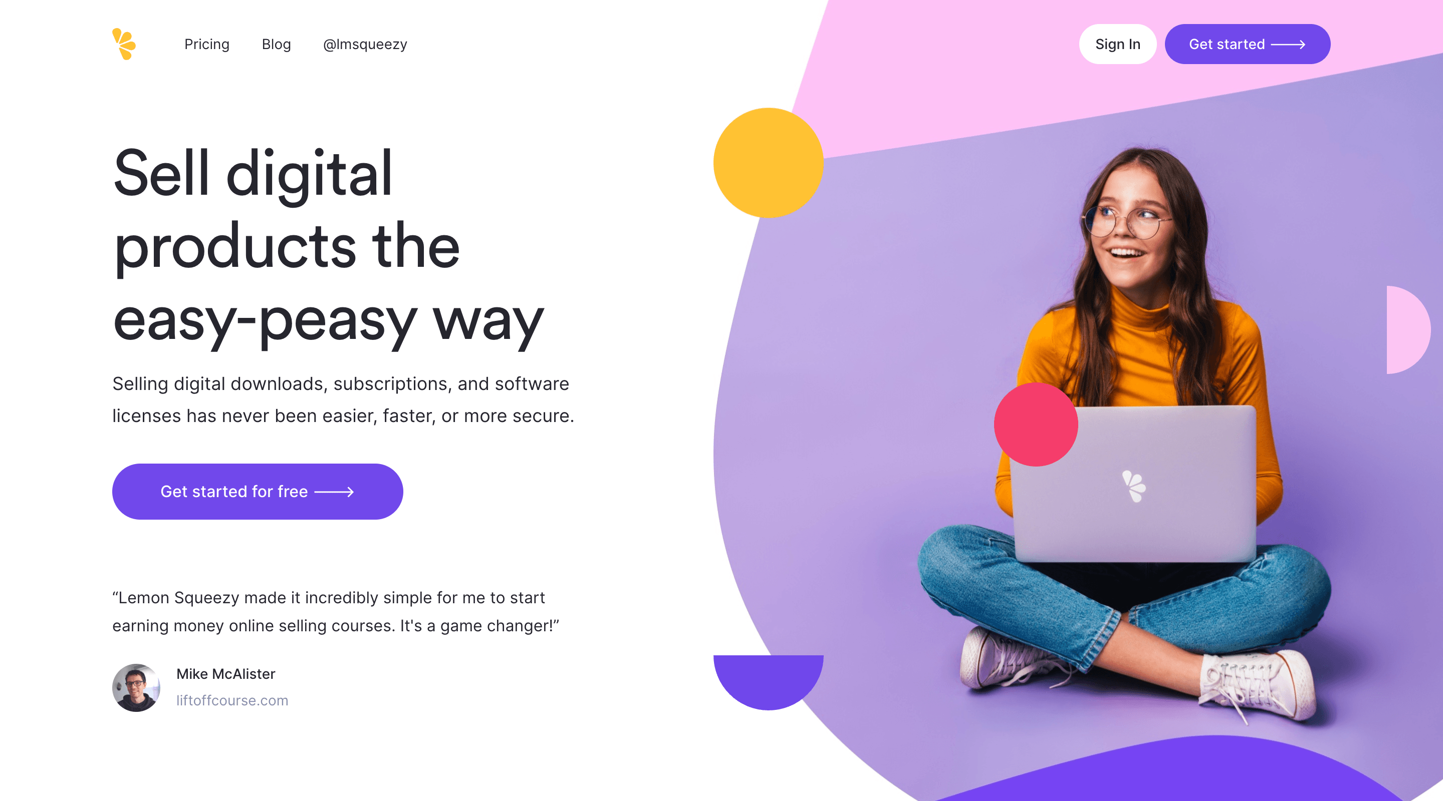 Screenshot of the Lemon Squeezy home page. The header contains the Lemon Squeezy logo and site navigation, as well as 'Sign In' and 'Get started' buttons. On the left side of the screen is a short description of the product and a user testimonial. On the right is an image of a person sat cross-legged with a Lemon Squeezy laptop on their lap.