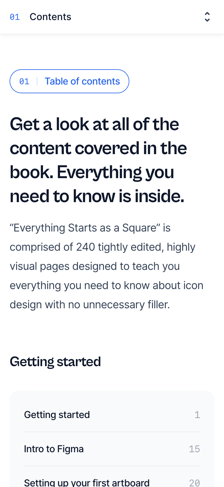 Mobile screenshot of the 'Table of contents' section of the Primer Tailwind UI template. At the top of the screen is a dropdown displaying the current section, in this case 'Contents'. After some introduction text the chapters are listed with their page numbers.